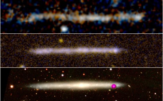 Горе: Изображение на обекта, наблюдаван с космическия телескоп Хъбъл. Той показва излъчването в ултравиолетовата част на спектъра. В средата: Ултравиолетово изображение на локална галактика без изпъкналост и наблюдавана от ръба (IC 5249). Приликите са оче