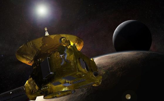Илюстрация на художник на New Horizons, летящ покрай Плутон 