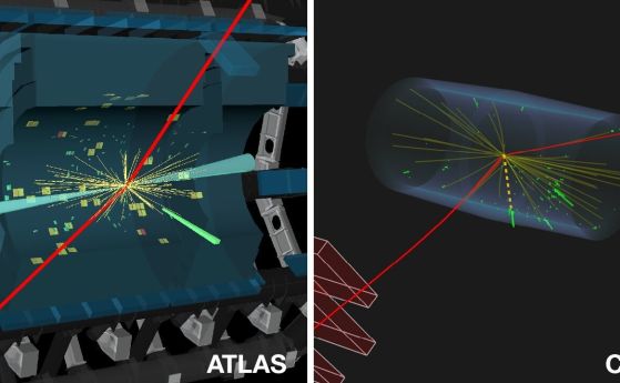 Кандидат-събития от ATLAS (вляво) и CMS (вдясно) за разпад на Хигс бозон на Z бозон и фотон, като Z бозонът се разпада на двойка мюони. 