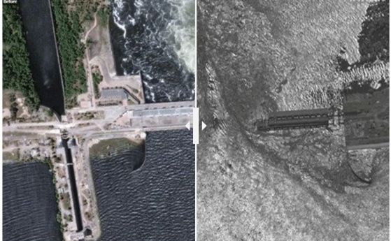 Сателитни снимки на района на Херсон преди и след разрушаването на ВЕЦ Каховка