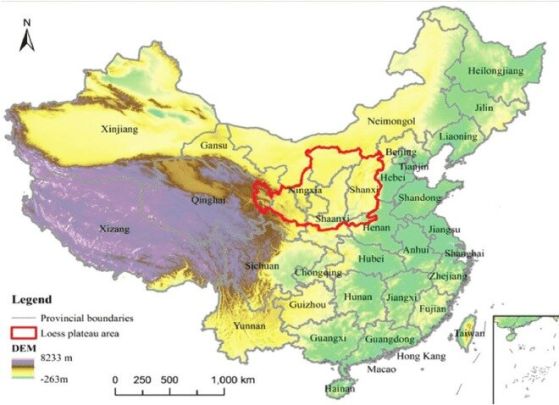 Карта на Китай, показваща Льосовото плато