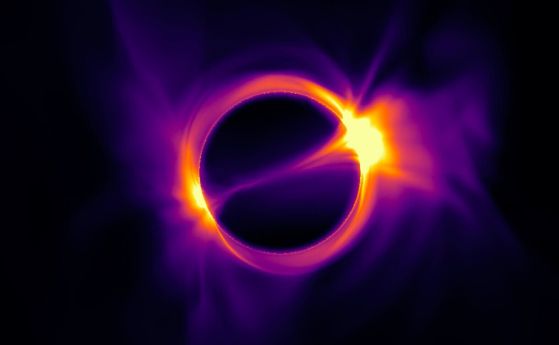 Симулация на светещ газ около въртяща се черна дупка