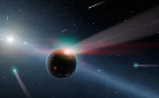 Илюстрация на комети, бомбардиращи извънземна екзопланета, вероятно доставяйки градивните елементи на живота.