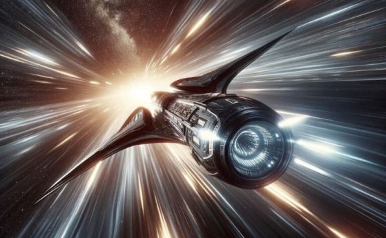 Илюстрация на междузвезден космически кораб, пътуващ със скорост, близка до светлинната.