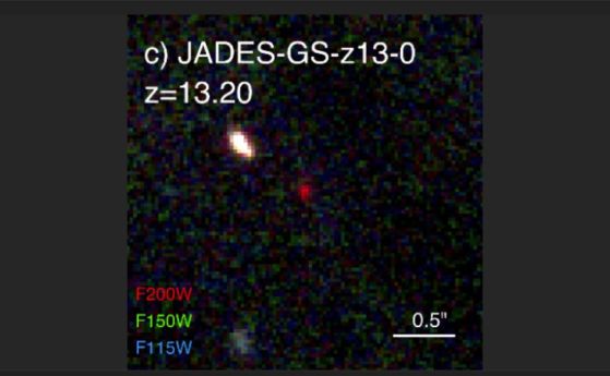 Това е JADES-GS-z13-0 (червено отместване z~13.2) - най-близкия обект до Големия взрив.