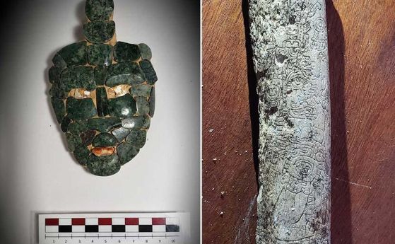 Мозаечна нефритена маска и писания, издълбани в човешки бедрени кости, открити от археолог от университета Тулейн в древна гробница в Гватемала. 