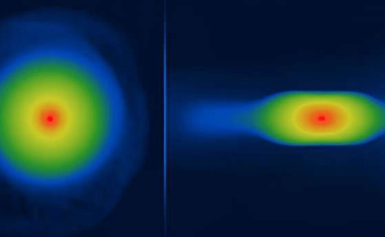 Това изображение от суперкомпютърни симулации показва как някои екзопланети се формират като закръглени дискове, а не като сфери. На него се вижда една и съща планета отгоре (вляво) и отстрани (вдясно).