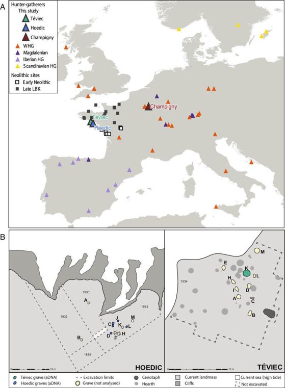Карта на Европа с погребални места, идентифицирани с цветни триъгълници