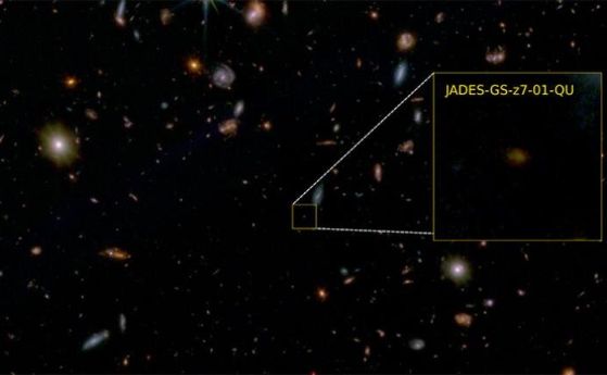 JWST изображение с фалшив цвят на малка част от южното поле на GOODS, с подчертана галактика JADES-GS-z7-01-QU