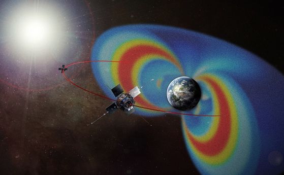 Концепцията на художник за мисията Van Allen Probes показва пътя на двата космически кораба през радиационните пояси, които обграждат Земята, видими във фалшив цвят