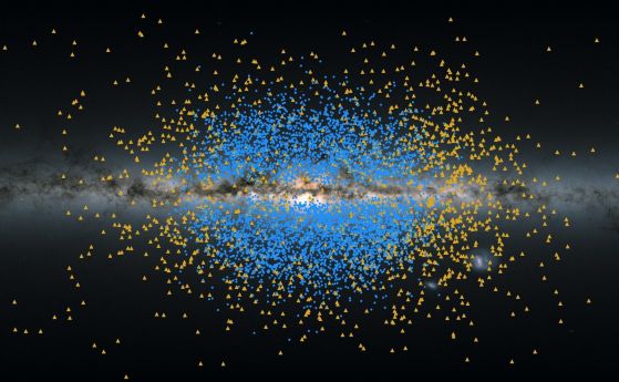 Илюстрацията показва изглед на лентата на Млечния път през небето, с жълти точки, показващи местоположението на звездите от древния поток от звезди Шакти, и сини точки, показващи местоположението на звездите от древния звезден поток Шива