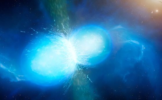 Концепция на художник за сливане на неутронни звезди, произвеждащи гравитационни вълни и водещо до килонова