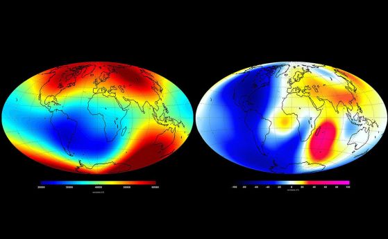 Промени в глобалното магнитно поле на Земята за шест месеца през 2014 г., измерени от тройката сателити Swarm на Европейската космическа агенция. Лявата карта показва средното магнитно поле, а дясната показва промените в силата на магнитното поле през тоз