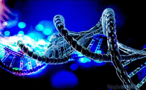 Спирални нишки на ДНК на тъмен фон