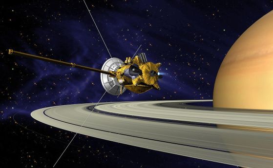 Концепция на художник за Касини-Хюйгенс по време на маневра за влизане в орбита около Сатурн.