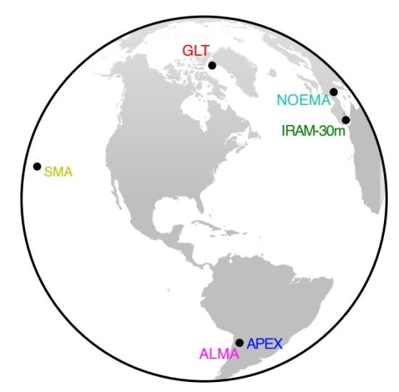 Местоположение на телескопите, участващи в наблюдения при дължина на вълната 870 микрометра