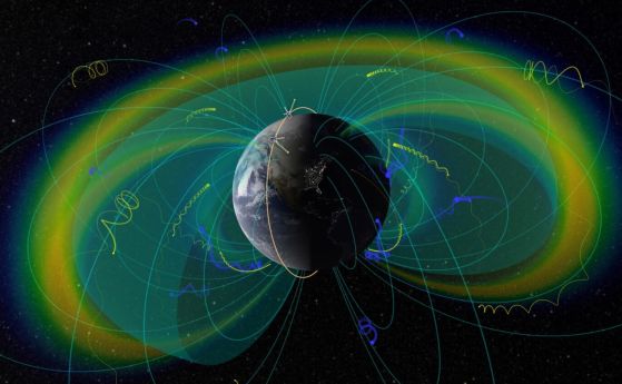 Визуализация, показваща как линиите на магнитното поле, обгръщащщи Земята, могат да уловят заредени частици