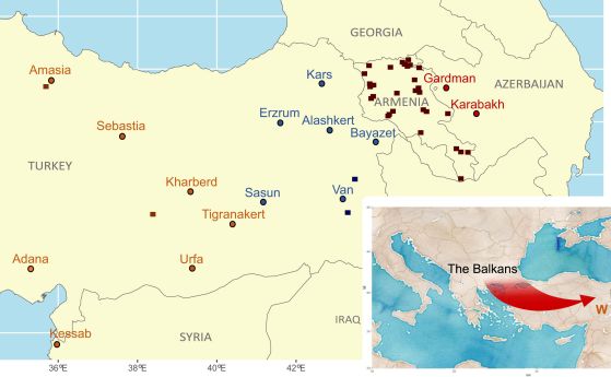 Карти, показващи Армения с местоположението на древни и пълногеномни съвременни индивиди, заедно с предложен маршрут на арменска миграция според балканската теория