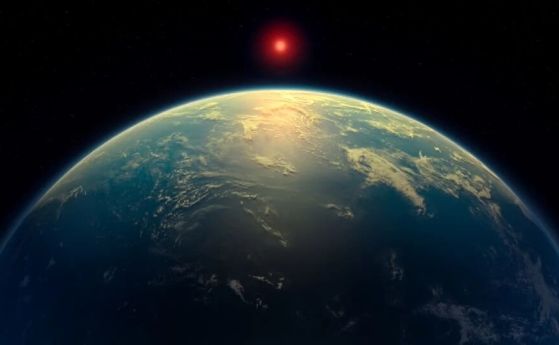 Концепция на художник за екзопланетата K2-18b и нейната звезда.