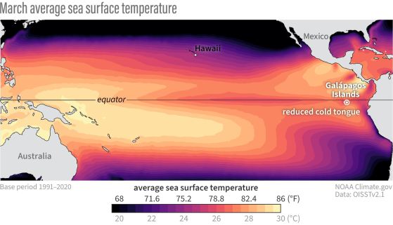 Средни температури на морската повърхност през март за периода 1991-2020 г. По-тъмното оцветяване показва сравнително по-ниски температури, а по-светлото оцветяване - по-топли температури. Карта от Climate.gov въз основа на анализ от M. L'Heureux.