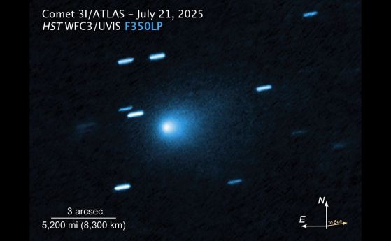 Това изображение на междузвездната комета 3I/ATLAS е заснето от широкоъгълната камера на космическия телескоп Хъбъл на 21 юли 2025 г.