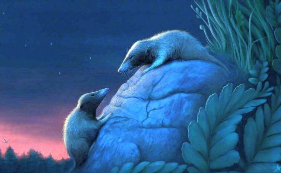 Два ранни бозайника, подобни на плъхове, на лунна светлина