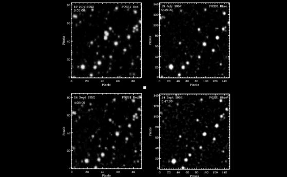 Четири експозиции на областта на небето с размери 3 × 3 дъгови минути, центрирани върху тройния транзиент (преходен обект), идентифициран през юли 1952 г. Горе вляво: Червеното изображение от POSS I на 19 юли 1952 г. в 8:52 (UT), съдържащо тройния транзие