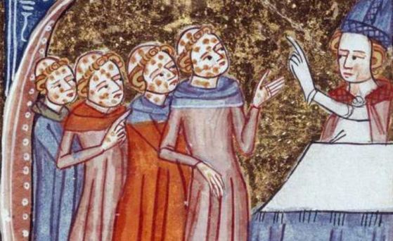 Болни от чума отиват за благословия при патриарха – византийска илюстрация
