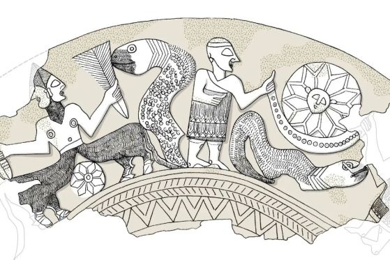 Картината, гравирана върху чашата, изобразява божества, змии и слънцето.