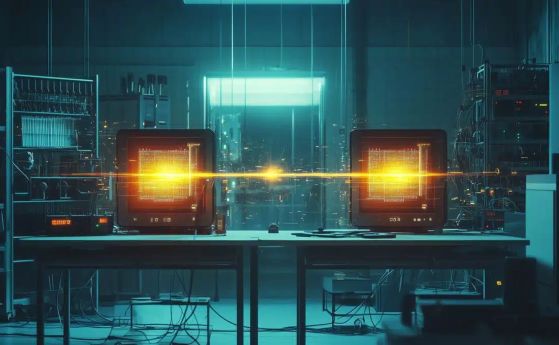 Концептуално изображение на лабораторна експериментална установка за квантова телепортация, включваща двойка светещи квантови възли, свързани с трептящ енергиен лъч. 