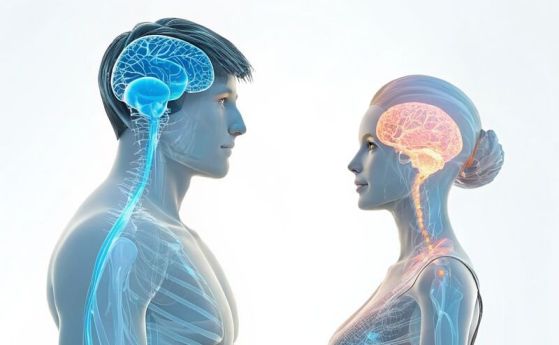 Син мозък в рисунка на мъж в профил, а розов мозък в рисунка на жена в профил, представляйки половите разлики в мозъка.