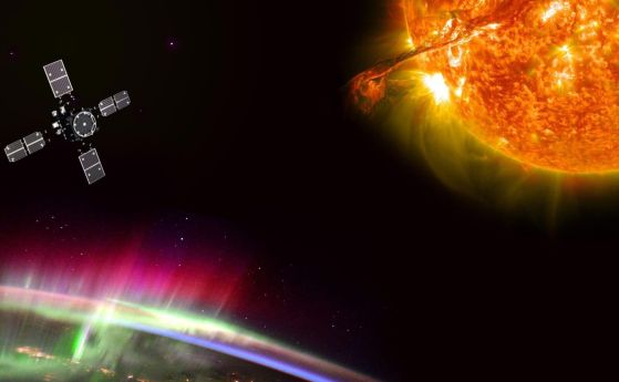 илюстрация на японския сателит, земята с полярното сияние и слънцето