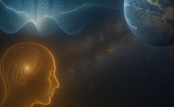 Илюстрация, изобразяваща интеграцията на ума, съзнанието и мисълта, базирана на квантово-механичните концепции, описани в статията