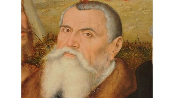 Лукас Кранах Стари, изобразен в олтара "Епитафията" (1555 г.) в църквата "Свети Петър и Павел" във Ваймар