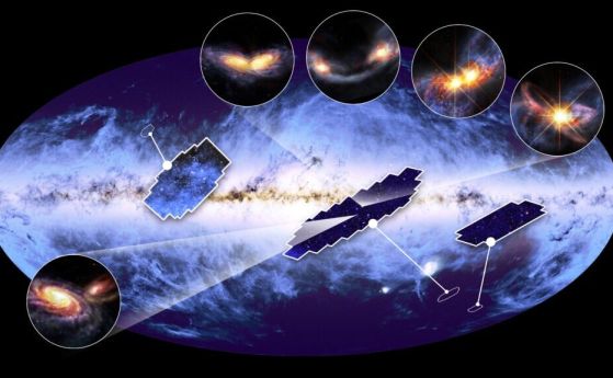 Художествено изображение на сливащи се галактики.