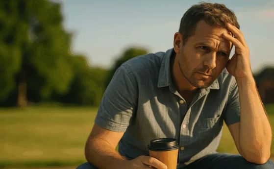 Мъж с чаша кафе, лицето му изразява съмнение