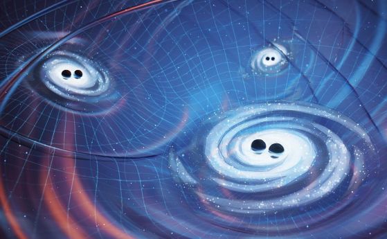  Илюстрация на свръхмасивни двойни системи от черни дупки в ядрата на галактиките и гравитационните вълни, които те произвеждат. 