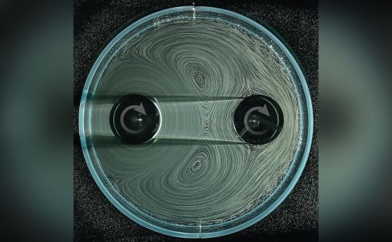 Два въртящи се механизма вътре в кръгъл контейнер, заобиколени от течност с мехурчета, които помагат за визуализиране на потоците. Левият въртящ механизъм се задвижва активно с двигател (не е показан), а десният се върти пасивно поради потоците