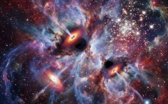 Компютърна визуализация, показваща млади черни дупки, растящи в млада галактика от ранната Вселена. 