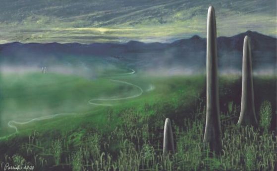 Древен пейзаж с разтения, подобни на високи дървесни стволове без клони