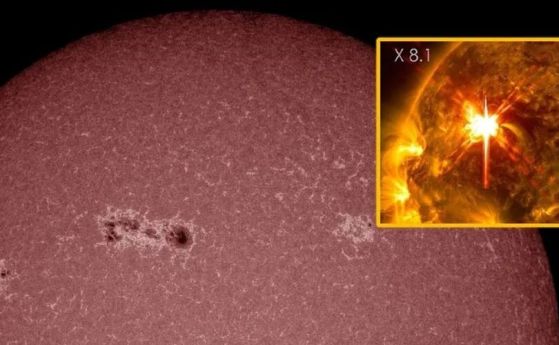 Изглед на гигантски регион на слънчеви петна в червено, с вложка, показваща масивно ярко слънчево изригване