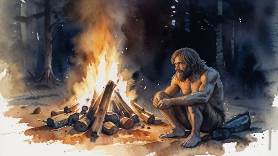 прачовек седи до огън