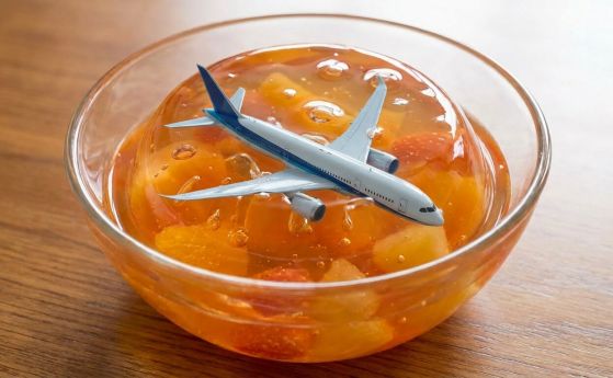 Ярка, концептуална дигитална илюстрация на полупрозрачна, яркожълто желе. Върху желатина се вижда малък, самолет, визуално представящ метафората на турбулентността, усещането сякаш си заседнал в желе.