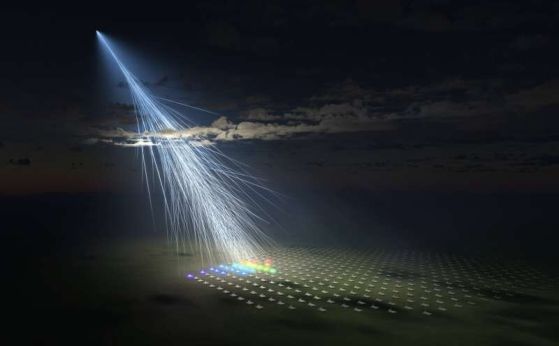 Художествено изображение на детекторите Telescope Array, засичащи частицата Аматерасу