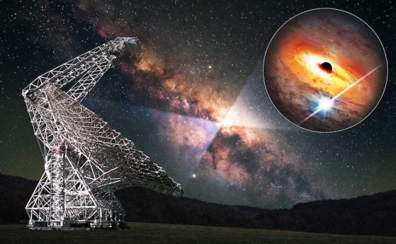 Илюстрация на радиотелескопа "Грийн Банк", наблюдаващ пулсар в центъра на галактиката Млечен път.