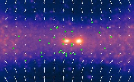 Симулирано движение и скорост (обозначени с дължината на стрелките) на обекти около Местната група (в центъра на изображението)