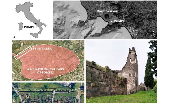 Местоположение на изследваната област: (A) местоположение на Помпей в рамките на Италианския полуостров; (B) сателитен изглед на района; (C) SIT ортоизображение на Археологическия парк Помпей, с подчертани градските стени между северните порти; (D) детайл