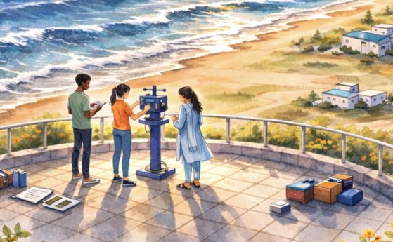 Трима души стоят на наблюдателна площадка на брега на морето с оборудване, с изглед към океана, плажа, лодките и крайбрежните сгради под залязващото слънце