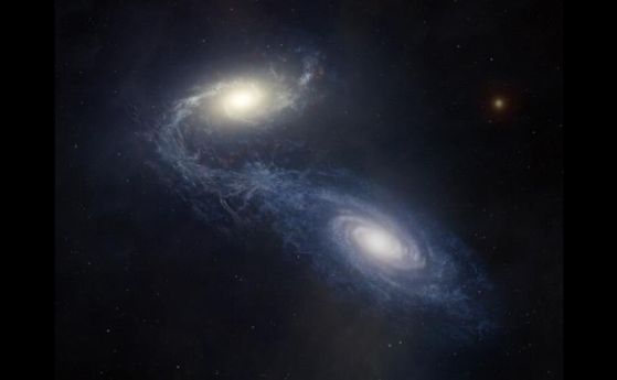 Художествено изображение показва гигантската спирална галактика NGC 1365, докато се сблъсква и слива с по-малка галактика-спътник, раздвижвайки звездообразуването и преразпределяйки газ и тежки елементи. Използвайки нова техника за "космическа археология"