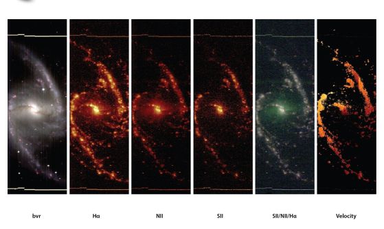Шест изгледа на спиралната галактика NGC 1365, получени от спектрофотометричния куб с данни, генериран от проучването TYPHOON. В най-ляво е широколентово изображение на галактиката, в което изображенията на континуума B (синьо), V (визуално) и R (червено) са балансирани, за да се получи приблизително това, което би видяло човешкото око. Следващото изображение е теснолентово изображение, също получено от данните от TYPHOON, центрирано върху H-алфа линията на йонизиран водород. Отделни HII региони, захранвани от горещи, много ярки OB звезди, са ясно видими и очертават двата масивни спирални ръкава. Следващите три изображения са напречни сечения, центрирани върху други диагностични емисионни линии (азот, сяра и композитна комбинация от всичките три проучвани емисионни линии). Последният панел показва цветно кодираното поле на скоростта на NGC 1365. (OB звездите са горещи и масивни сини звезди, принадлежащи към спектрални класове O или B на диаграмата на Херцшпрунг-Ръсел и образуващи слабо организирани групи – OB асоциации).